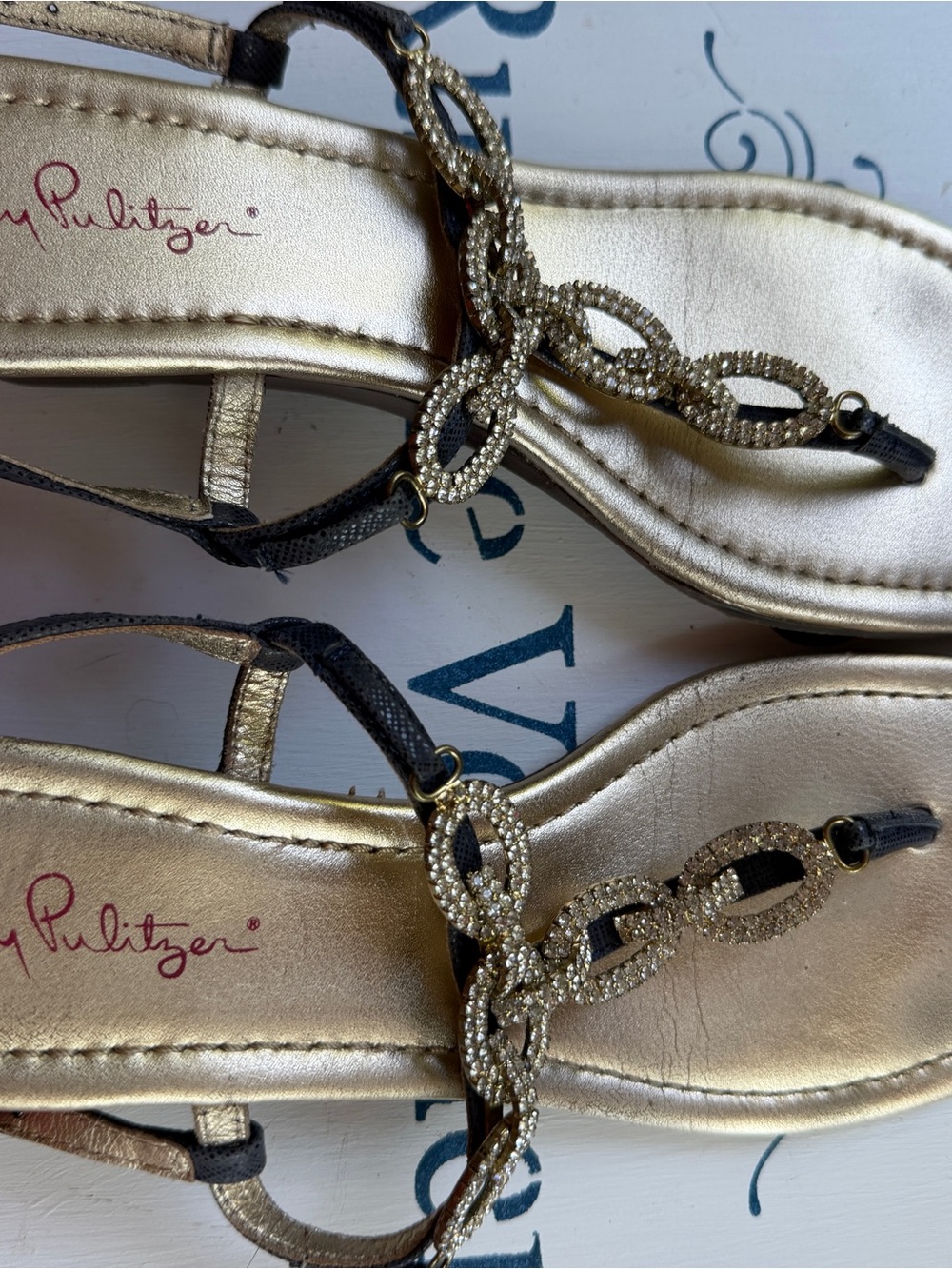 Lilly Pulitzer Metallic Gold Rhinestone T-Strap Sandals